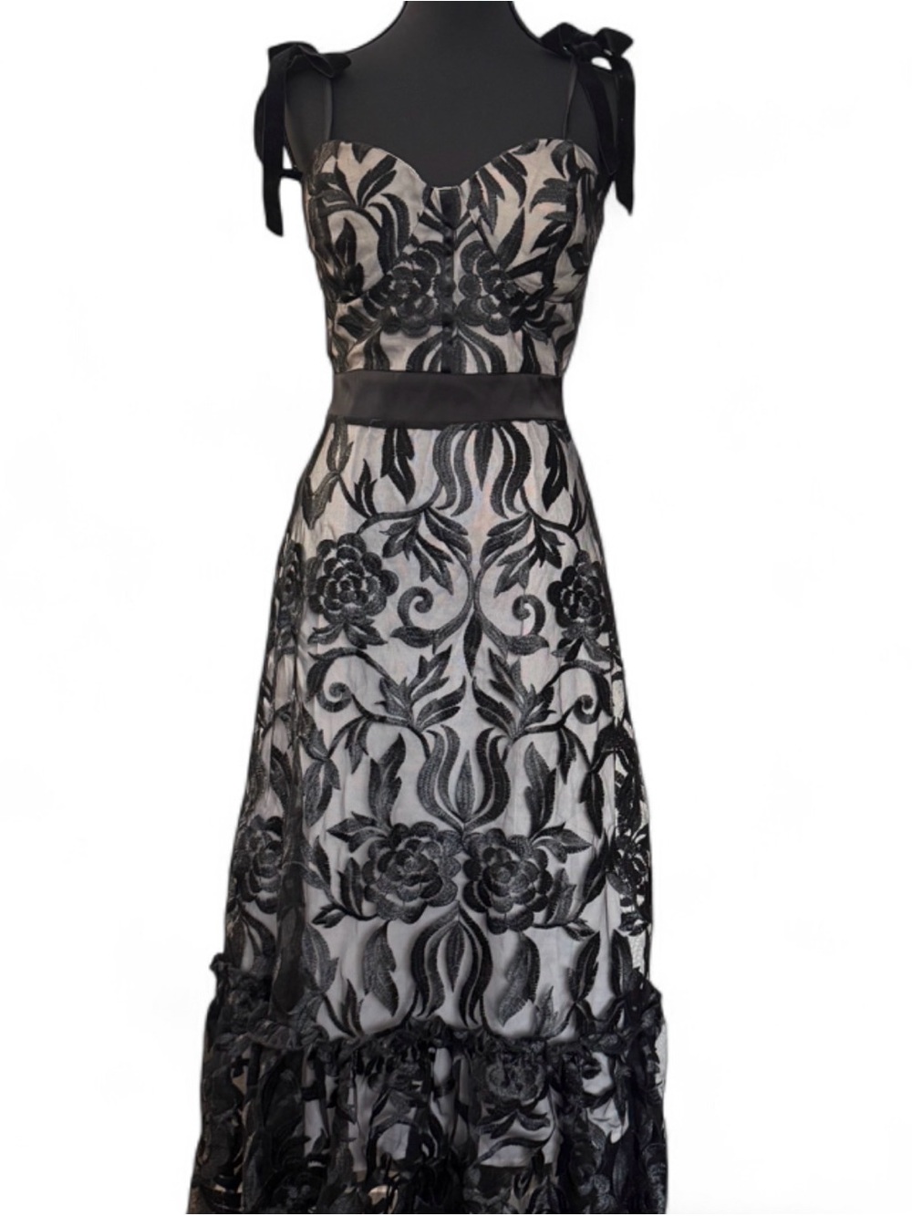 Black Floral Lace Overlay Maxi Dress with Tie Straps | Wedding Guest Formal Wear
